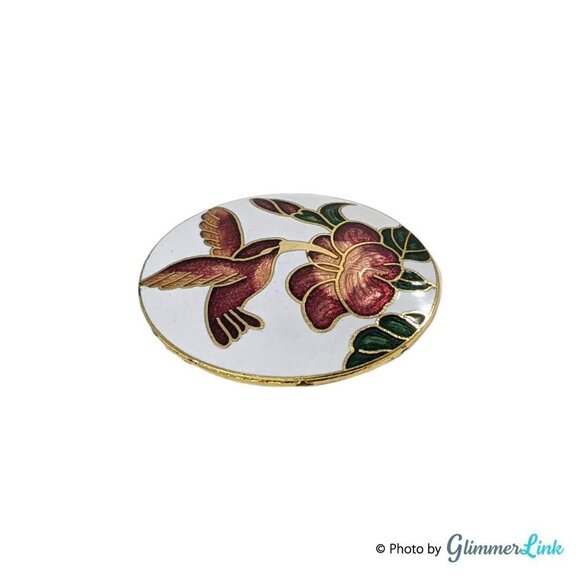 Vintage Cloisonné Floral Hummingbird Gold Tone Enamel Brooch - Picture 3 of 6